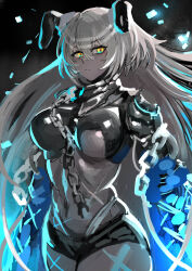Rule 34 | 1girl, absurdres, azur lane, breasts, chain, commentary request, dark skin, grey hair, highres, kaki z3, large breasts, long hair, looking at viewer, midriff, multicolored eyes, navel, no pants, scar, scar on leg, scar on stomach, siren (azur lane), solo, very long hair, yellow eyes