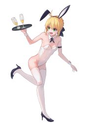 Rule 34 | 1girl, absurdres, ahoge, animal ears, arm strap, artoria pendragon (all), artoria pendragon (fate), bare shoulders, black bow, black footwear, black hairband, blonde hair, bow, bra, breasts, clumsy, commentary, covered navel, detached collar, english commentary, fake animal ears, fate (series), full body, green eyes, groin, hair bow, hairband, high heels, highleg, highleg leotard, highres, holding, holding tray, leotard, open mouth, playboy bunny, pumps, rabbit ears, saber (fate), saber lily, small breasts, solo, soymilk26, strapless, strapless leotard, sweatdrop, tray, underwear, white leotard, wrist cuffs