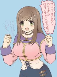 Rule 34 | 1girl, breasts, brown hair, green eyes, hair ornament, hairclip, higemaccho, highres, long hair, open mouth, simple background, solo, sophia esteed, star ocean, star ocean till the end of time