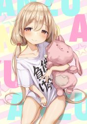 Rule 34 | 1girl, ahoge, alcoholrang, blonde hair, blush, brown eyes, character name, closed mouth, clothes writing, collarbone, commentary request, dated, futaba anzu, highres, holding, holding stuffed toy, idolmaster, idolmaster cinderella girls, long hair, looking at viewer, low twintails, shirt, short sleeves, sitting, smile, solo, stuffed animal, stuffed rabbit, stuffed toy, t-shirt, twintails, wariza, white shirt, you work you lose