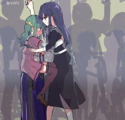Rule 34 | 2girls, aqua hair, arm up, bag, belt, black dress, blue eyes, blue hair, blunt bangs, blush, brown footwear, buttons, closed mouth, collared shirt, dress, feet out of frame, from side, futaba sana, green eyes, holding, holding phone, hug, layered sleeves, loafers, long hair, long sleeves, looking at object, magia record: mahou shoujo madoka magica gaiden, mahou shoujo madoka magica, medium dress, medium hair, miniskirt, mizuna girls&#039; academy school uniform, multiple girls, nanami yachiyo, people, phone, pleated skirt, polka dot, polka dot dress, profile, purple shirt, purple skirt, purple thighhighs, school uniform, scrunchie, shaded face, shirt, shirt under shirt, shoes, short over long sleeves, short sleeves, shoulder bag, sidelocks, sitting, sitting on object, skirt, sleeves past elbows, sleeves rolled up, suitcase, sweat, thighhighs, totte, twintails, twitter username, wavy hair, white belt, white shirt, worried, yellow scrunchie