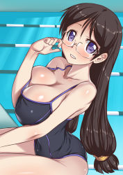 Rule 34 | 1girl, aokihoshi, bare shoulders, black one-piece swimsuit, breasts, brown hair, cleavage, collarbone, covered navel, glasses, highres, large breasts, long hair, looking at viewer, one-piece swimsuit, original, parted lips, pool, purple eyes, purple one-piece swimsuit, school swimsuit, solo, swimsuit, thighs