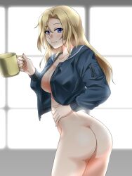 Rule 34 | 1girl, akito (sub707), ass, blonde hair, blue eyes, blue jacket, cowboy shot, cup, highres, holding, holding cup, hornet (kancolle), indoors, jacket, kantai collection, long hair, looking at viewer, nude, open clothes, open jacket, smile, solo
