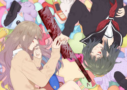 Rule 34 | &gt; &lt;, 2girls, :d, bad id, bad pixiv id, blood, blood on face, bloody weapon, brown hair, cardigan, cellphone, closed eyes, highres, japanese saw, kosagi midori, loafers, long hair, lying, multiple girls, on back, on side, open mouth, original, phone, purple eyes, saw, school uniform, serafuku, shoes, smile, stuffed animal, stuffed cat, stuffed fish, stuffed squirrel, stuffed toy, unworn shoes, weapon
