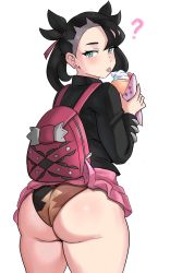 Rule 34 | 1girl, ?, ass, backpack, bag, black hair, blush, clothes lift, clueless, creatures (company), food, from behind, game freak, green eyes, highres, huge ass, ice cream, long hair, looking at viewer, looking back, marnie (pokemon), miniskirt, nintendo, panties, pokemon, pokemon swsh, shiny skin, skirt, skirt lift, solo, thick thighs, thighs, tongue, tongue out, underwear, wardrobe malfunction, wedgie, ytrall