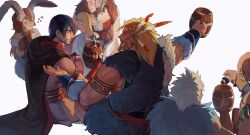 Rule 34 | 2girls, 4boys, absurdres, alcohol, armlet, bara, beard, beer, blonde hair, brown hair, bwanga, character request, dungeon and fighter, from above, highres, laughing, lehmann, long hair, male focus, mature male, multiple boys, multiple girls, muscular, muscular male, old, old woman, pouring, scar, short hair, sitting, sleeveless, tattoo, thick beard, thick eyebrows, torn clothes, torn sleeves, warrior of light (ff14), white background