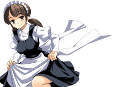 Rule 34 | 00s, 1girl, black dress, breasts, brown eyes, brown hair, dress, expressionless, frills, long hair, long sleeves, looking at viewer, maid, maid headdress, mori sonou, ponytail, running, short twintails, simple background, skirt hold, solo, suzumiya haruhi no yuuutsu, twintails, white background, yuuji overall