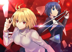 Rule 34 | 2girls, ahoge, antenna hair, arcueid brunestud, between fingers, black dress, black keys (type-moon), blonde hair, blue eyes, blue hair, breasts, ciel (tsukihime), closed mouth, dress, frown, hair intakes, holding, holding sword, holding weapon, jewelry, long sleeves, medium breasts, multiple girls, necklace, nun, red background, red eyes, short hair, sweater, sword, tsukihime, twitter username, v-shaped eyebrows, weapon, white sweater