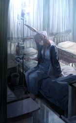 Rule 34 | absurdres, amiya (arknights), animal ears, arknights, arm at side, bandages, bandaged head, bandages, bed, blue eyes, brown hair, rabbit ears, curtains, drugs, expressionless, feet, hand up, head down, highres, hospital, hospital bed, hospital gown, intravenous drip, iv stand, jacket, jewelry, long hair, miyabino (miyabi1616), on bed, open clothes, open jacket, pants, ring, shoes, sitting, slippers, solo