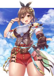 Rule 34 | 1girl, atelier (series), atelier ryza, atelier ryza 3, bare shoulders, belt, braid, breast pocket, breasts, brown belt, brown gloves, brown hair, brown vest, choker, clover hair ornament, collared shirt, crown braid, detached sleeves, earrings, gloves, gluteal fold, hair ornament, jacket, jewelry, leather, leather gloves, minase (dragon panda), pocket, red shorts, reisalin stout, shirt, short hair, short shorts, short sleeves, shorts, single earring, single glove, sleeveless, sleeveless jacket, solo, star (symbol), star choker, thighhighs, vest, white headwear, x hair ornament, yellow jacket