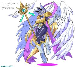 Rule 34 | 1girl, angel wings, angewomon, armor, blonde hair, boots, breastplate, breasts, character name, cleavage, covered eyes, digimon, feathered wings, full body, fusion, head wings, helmet, helmet over eyes, highres, holding, holding staff, large breasts, long hair, oomasa teikoku, pink ribbon, ribbon, sakuyamon, shoulder armor, simple background, skin tight, solo, staff, white background, white footwear, wings