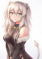 Rule 34 | 1girl, ahoge, animal ears, bare shoulders, blush, breasts, cleavage, earrings, fur-trimmed jacket, fur trim, grey eyes, grey hair, hair between eyes, hololive, jacket, jewelry, large breasts, lion ears, lion girl, lion tail, long hair, looking at viewer, muwa12, necklace, off shoulder, see-through, see-through cleavage, shirt, shishiro botan, shishiro botan (1st costume), sleeveless, sleeveless shirt, solo, tail, virtual youtuber
