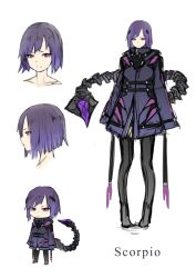 Rule 34 | 1girl, character name, chibi, closed mouth, commentary request, grey thighhighs, highres, long sleeves, looking at viewer, multiple views, original, purple hair, red eyes, scorpio (zodiac), short hair, simple background, sketch, sleeves past wrists, standing, straitjacket, sugi 214, tail, thighhighs, white background, zodiac