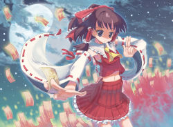 Rule 34 | 1girl, armpits, bad anatomy, between fingers, blue eyes, bow, brown hair, cloud, crop top, female focus, full moon, hair bow, hair tubes, hakurei reimu, holding, japanese clothes, light particles, midriff, miko, miniskirt, moon, naox, navel, ofuda, ofuda between fingers, outstretched arm, ponytail, ribbon, short hair, skirt, sky, solo, touhou, yin yang