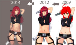 Rule 34 | 1girl, abs, ahoge, arm behind head, artist progress, belt, breasts, cleavage, cleavage cutout, clothing cutout, comparison, dual wielding, gluteal fold, grey background, gun, handgun, highres, holding, holster, lipe-san, lips, long hair, looking at viewer, medium breasts, midriff, multiple views, navel, orange eyes, original, parted lips, pistol, red hair, redrawn, simple background, small breasts, thigh strap, weapon, yellow eyes