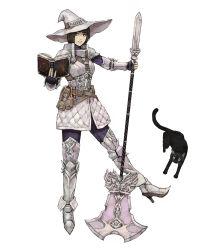 Rule 34 | 1girl, animal, armor, belt, belt pouch, black cat, black eyes, black hair, blunt bangs, book, breastplate, cat, greaves, hat, high heels, highres, holding, holding book, holding polearm, holding spear, holding weapon, knight, open book, original, parted lips, pauldrons, polearm, pouch, short hair, shoulder armor, simple background, smile, spear, subakeye, vambraces, vial, weapon, white background, white headwear, witch, witch hat