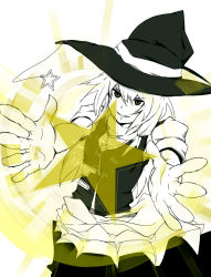 Rule 34 | 1girl, bad id, bad pixiv id, english text, female focus, flimflam, gradient background, hat, kirisame marisa, monochrome, open hand, solo, spot color, star (symbol), touhou, white background, witch, witch hat