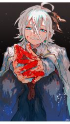 Rule 34 | 1boy, ahoge, blood, blood on clothes, blood on face, blood on hands, blue eyes, collared shirt, foreshortening, hair between eyes, highres, letterboxed, male focus, necktie, original, red necktie, shinagire (sinanohaka), shirt, signature, sitting, smile, solo, white hair