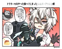 Rule 34 | 2boys, ;d, anger vein, animal, animal ear fluff, animal ears, arknights, bad id, bad pixiv id, bird, black gloves, black jacket, blush, collar grab, collared shirt, commentary request, crying, doctor (arknights), flying sweatdrops, food, gloves, grey eyes, grey hair, hand up, hands up, hood, hood up, hooded jacket, jacket, leopard ears, male focus, mashiro miru, multicolored hair, multiple boys, one eye closed, open mouth, pudding, shirt, silverash (arknights), smile, sparkle, spoken food, streaming tears, sweat, tears, tenzin (arknights), translation request, twitter username, two-tone hair, upper body, white hair, white shirt