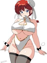 Rule 34 | 1girl, blue eyes, blush, bracelet, braid, breasts, cleavage, cleavage cutout, clothing cutout, condom, condom in mouth, donguri2, double bun, hair bun, hetero, highleg, highleg leotard, highres, jewelry, large breasts, leotard, mouth hold, navel, nipple stimulation, nipple tweak, ranma-chan, ranma 1/2, red hair, revealing clothes, seductive gaze, shiny clothes, shiny skin, single braid, smile, solo, spiked bracelet, spikes, thighhighs, underboob, white background, white leotard