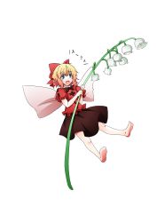 Rule 34 | 1girl, :o, bad id, bad pixiv id, barefoot, blonde hair, blue eyes, bow, feet, female focus, flower, full body, hair bow, highres, kinsenka, large bow, lily of the valley, short hair, simple background, solo, su-san, touhou