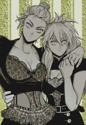 Rule 34 | 2girls, absurdres, bare arms, belt, bow, breasts, cleavage, cleavage cutout, closed mouth, clothing cutout, collarbone, dorohedoro, earrings, fishnets, floral background, florbetriz, frills, hair between eyes, hair bun, hair over shoulder, hand on another&#039;s hip, hand on another&#039;s shoulder, hand up, head tilt, highres, holding hands, jewelry, lingerie, long hair, monochrome, multiple girls, nikaidou (dorohedoro), noi (dorohedoro), ponytail, short sleeves, single hair bun, striped, striped background, underwear, updo, upper body