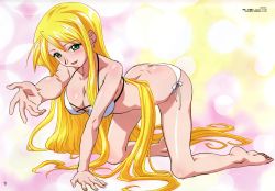 Rule 34 | 1girl, absurdres, all fours, ass, back, barefoot, bent over, bikini, blonde hair, blue eyes, breasts, butt crack, cleavage, dimples of venus, feet, highres, large breasts, legs, long hair, looking at viewer, mahou sensei negima!, megami magazine, nail polish, ookaji hiroyuki, outstretched arm, outstretched hand, pink nails, reaching, side-tie bikini bottom, smile, solo, swimsuit, very long hair, white bikini, yukihiro ayaka