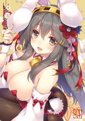 Rule 34 | 1girl, :d, alternate costume, animal ears, artist name, blush, breasts, cleavage, detached sleeves, fake animal ears, flower, grey hair, hair flower, hair ornament, hairclip, haruna (kancolle), headgear, highres, kantai collection, large breasts, leotard, long hair, open mouth, playboy bunny, rabbit ears, shigunyan, smile, solo