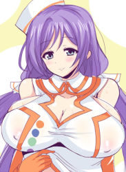 Rule 34 | 10s, 1girl, afuro, bare shoulders, blue eyes, breasts, covered erect nipples, female focus, gloves, hat, huge breasts, long hair, long twintails, love live!, love live! school idol festival, love live! school idol project, purple hair, sideboob, solo, tojo nozomi, twintails, upper body