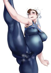 Rule 34 | 1girl, a pg, armpit hair, armpit peek, ass, bad id, bad pixiv id, blush, bodysuit, breasts, brown eyes, brown hair, bun cover, cameltoe, capcom, chun-li, clenched hand, double bun, female pubic hair, gluteal fold, hair bun, inverted nipples, large breasts, leg up, looking at viewer, open mouth, partially visible anus, pregnant, pubic hair, puffy areolae, pussy, redchicken, shiny clothes, simple background, skin tight, sleeveless, solo, source request, split, standing, standing on one leg, standing split, steaming body, street fighter, white background