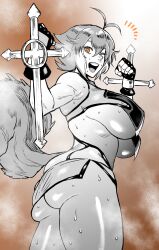 Rule 34 | 1girl, absurdres, arc system works, ass, blazblue, breasts, brown eyes, crop top, cross, fukamichi ran&#039;ou, gloves, highres, huge breasts, makoto nanaya, no ears, one eye closed, skirt, smile, squirrel tail, steaming body, sweat, sword, tail, underboob, weapon, wink