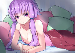 Rule 34 | 1girl, absurdres, bare arms, bare shoulders, blanket, breasts, collarbone, commentary request, hair ornament, highres, long hair, looking at viewer, lying, nightgown, no bra, on stomach, open mouth, pillow, pointing, pointing at viewer, pon (shind 997), purple eyes, purple hair, purple nightgown, red blanket, short hair with long locks, small breasts, solo, striped, twintails, voiceroid, yuzuki yukari