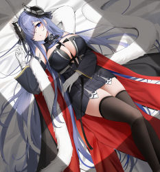 Rule 34 | 1girl, august von parseval (azur lane), azur lane, between breasts, black dress, black hair, black horns, black thighhighs, blue eyes, breasts, coat, detached sleeves, dress, feet out of frame, gloves, hair over one eye, highres, horns, large breasts, long hair, lying, multicolored coat, on bed, one eye covered, qing wu, sleeves past wrists, solo, thighhighs, two-tone coat, very long hair, white gloves