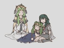 Rule 34 | 3girls, absurdres, black cape, blue hair, book, byleth (female) (fire emblem), byleth (fire emblem), cape, closed eyes, female focus, fire emblem, fire emblem: three houses, glensaru, green hair, grey background, hair ornament, highres, long hair, long sleeves, medium hair, multiple girls, nintendo, open book, open mouth, pantyhose, parted lips, pointy ears, rhea (fire emblem), simple background, sitting, sleeping, sothis (fire emblem), tiara