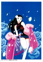 Rule 34 | 1girl, bare shoulders, black hair, blue eyes, breasts, china dress, chinese clothes, dress, elbow gloves, flower, giant robo, ginrei (giant robo), gloves, green hair, hair flower, hair ornament, highres, kubooka toshiyuki, long hair, medium breasts, official art, rose, scan, sleeveless, smile, solo, thighhighs