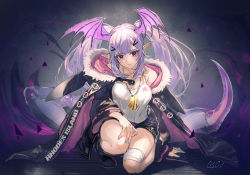 Rule 34 | 1girl, arknights, bat wings, chain necklace, hair ornament, hairclip, head wings, hood, hooded jacket, jacket, jewelry, looking at viewer, manticore (arknights), necklace, pointy ears, purple eyes, purple hair, ryuuzaki ichi, shorts, twintails, wings