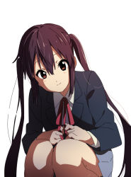 Rule 34 | 1girl, amakura 9, black hair, blue jacket, blush, brown eyes, closed mouth, collared shirt, commentary, eyebrows hidden by hair, grey skirt, hair between eyes, hands on own thighs, head tilt, highres, jacket, k-on!, long hair, looking at viewer, nakano azusa, neck ribbon, red ribbon, ribbon, sakuragaoka high school uniform, school uniform, shirt, simple background, skirt, smile, solo, squatting, twintails, twitter username, white background, white shirt