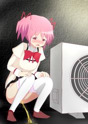Rule 34 | 10s, 1girl, absurdres, air conditioner, alley, behind cover, blush, bow, bowtie, brown footwear, hair ribbon, hands on own knees, highres, kaname madoka, long sleeves, looking down, madomine, mahou shoujo madoka magica, open mouth, outdoors, panties, panty pull, peeing, pink eyes, pink hair, pink panties, puddle, puffy sleeves, red bow, red bowtie, red ribbon, ribbon, school uniform, shoes, short hair, socks, solo, squatting, steam, sweat, thighhighs, twintails, underwear, white socks, white thighhighs