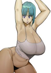 Rule 34 | 1girl, absurdres, alternate breast size, aqua hair, arms up, artist request, ass, bare legs, bare shoulders, blue eyes, blue hair, breasts, bulma, curvy, doublehero, dragon ball, dragonball z, highres, huge ass, large breasts, long hair, looking at viewer, medium hair, micro panties, navel, no bra, open mouth, panties, plump, shiny skin, side-tie panties, simple background, smile, solo, thong, underwear, upper body, white background