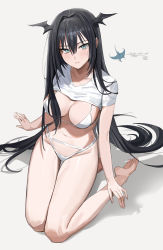 Rule 34 | 1girl, absurdres, animal, aqua eyes, bare arms, bare legs, barefoot, bikini, black hair, breasts, cleavage, closed mouth, collarbone, crop top, dated, expressionless, feet, freng, gradient background, grey eyes, groin, hair intakes, head wings, highleg, highleg bikini, highres, large breasts, long hair, looking at viewer, manta ray, multi-strapped bikini, navel, original, shadow, shirt, short sleeves, sitting, solo, stomach, swimsuit, thighs, tsurime, very long hair, wariza, white background, white bikini, white shirt, wings