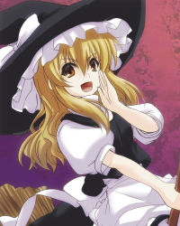 Rule 34 | &gt;:d, 1girl, :d, blonde hair, bow, broom, broom riding, hat, hat bow, highres, kirisame marisa, long hair, open mouth, oubou, smile, solo, touhou, v-shaped eyebrows, witch hat, yellow eyes