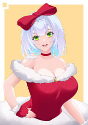 Rule 34 | 1girl, bare shoulders, blunt bangs, bow, breasts, choker, christmas, cleavage, dress, genshin impact, green eyes, grey hair, hair bow, large breasts, nail polish, noelle (genshin impact), open mouth, red bow, red dress, santa costume, short hair, smile, solo, toki to shishin, upper body
