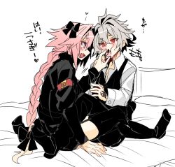 Rule 34 | 2boys, ahoge, astolfo (fate), black bow, black pants, black ribbon, black shirt, blush, bow, braid, brown hair, commentary request, fang, fate/apocrypha, fate (series), feeding, food, garter straps, hair intakes, hair ribbon, haoro, heart, holding, holding food, long braid, long sleeves, male focus, multiple boys, on bed, pants, pink hair, purple eyes, red eyes, ribbon, shirt, sieg (fate), single braid, sitting, sketch, skin fang, thighhighs, translation request, trap, waistcoat, white background, white shirt, yaoi