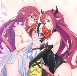 Rule 34 | 3girls, absurdres, angel, animal ears, blue eyes, blush, breasts, bridal gauntlets, demon girl, detached sleeves, dress, girl sandwich, hakos baelz, highres, hololive, hololive english, horns, irys (hololive), large breasts, leotard, long hair, medium breasts, mouse ears, multicolored hair, multiple girls, open mouth, pointy ears, purple eyes, purple hair, red hair, sandwiched, sideboob, streaked hair, the raineman, virtual youtuber, yuri