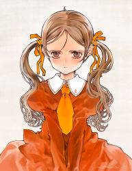 Rule 34 | 1girl, blush, brown eyes, brown hair, collared dress, dated, dress, hair ribbon, highres, juliet sleeves, long sleeves, looking at viewer, necktie, ooyari ashito, orange dress, orange ribbon, original, parted lips, puffy sleeves, ribbon, signature, solo, twintails, upper body, v arms
