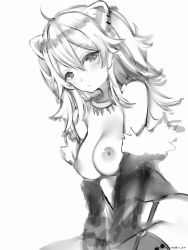 Rule 34 | 1girl, ahoge, animal ears, bad id, bad twitter id, bare shoulders, between legs, breasts, closed mouth, earrings, fur-trimmed jacket, fur trim, greyscale, hand between legs, highres, hololive, jacket, jewelry, large breasts, lion ears, long hair, looking at viewer, monochrome, nanashi (nlo), necklace, nipples, off-shoulder jacket, off shoulder, shishiro botan, simple background, sitting, solo, virtual youtuber, white background