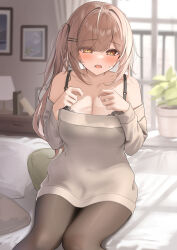 1girl :o bare_shoulders black_bra black_pantyhose blush bra breasts brown_eyes brown_hair collarbone hair_ornament hairclip hands_up highres imouto-chan_(monaka_curl) indoors lamp large_breasts long_hair long_sleeves looking_at_viewer monaka_curl off_shoulder open_mouth original pantyhose plant potted_plant side_ponytail sitting solo thighs underwear