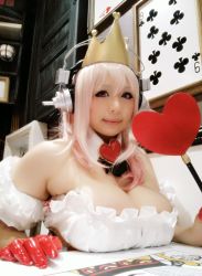 Rule 34 | 1girl, asian, breast rest, breasts, chouzuki maryou, cleavage, cosplay, detached collar, headphones, heart, large breasts, long hair, looking at viewer, nitroplus, photo (medium), pink hair, plump, princess of hearts, solo, super sonico, super sonico (cosplay)