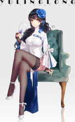 Rule 34 | 1girl, ankle ribbon, black hair, black thighhighs, blue flower, bracelet, breasts, bridal gauntlets, chair, character name, china dress, chinese clothes, copyright name, covered erect nipples, covered navel, crossed legs, dress, flower, full body, girls&#039; frontline, gloves, hair flower, hair ornament, hand fan, high collar, holding, holding fan, jewelry, large breasts, leg ribbon, long hair, looking at viewer, official alternate costume, openvl, panties, panty peek, ribbon, side slit, simple background, sitting, slippers, smile, tassel, thighhighs, type 95 (girls&#039; frontline), type 95 (narcissus) (girls&#039; frontline), underwear, wavy hair, yellow eyes