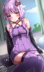 Rule 34 | 1girl, bad id, bad pixiv id, bare shoulders, black jacket, blush, criss-cross halter, day, dress, hair ornament, hairpin, halterneck, highres, jacket, looking at viewer, michiru donut, off shoulder, outdoors, purple dress, purple thighhighs, rock, short hair with long locks, sitting, sitting on rock, smile, solo, strapless, strapless dress, striped clothes, striped dress, striped thighhighs, thighhighs, tube dress, twintails, vertical-striped clothes, vertical-striped dress, vertical-striped thighhighs, vocaloid, yuzuki yukari